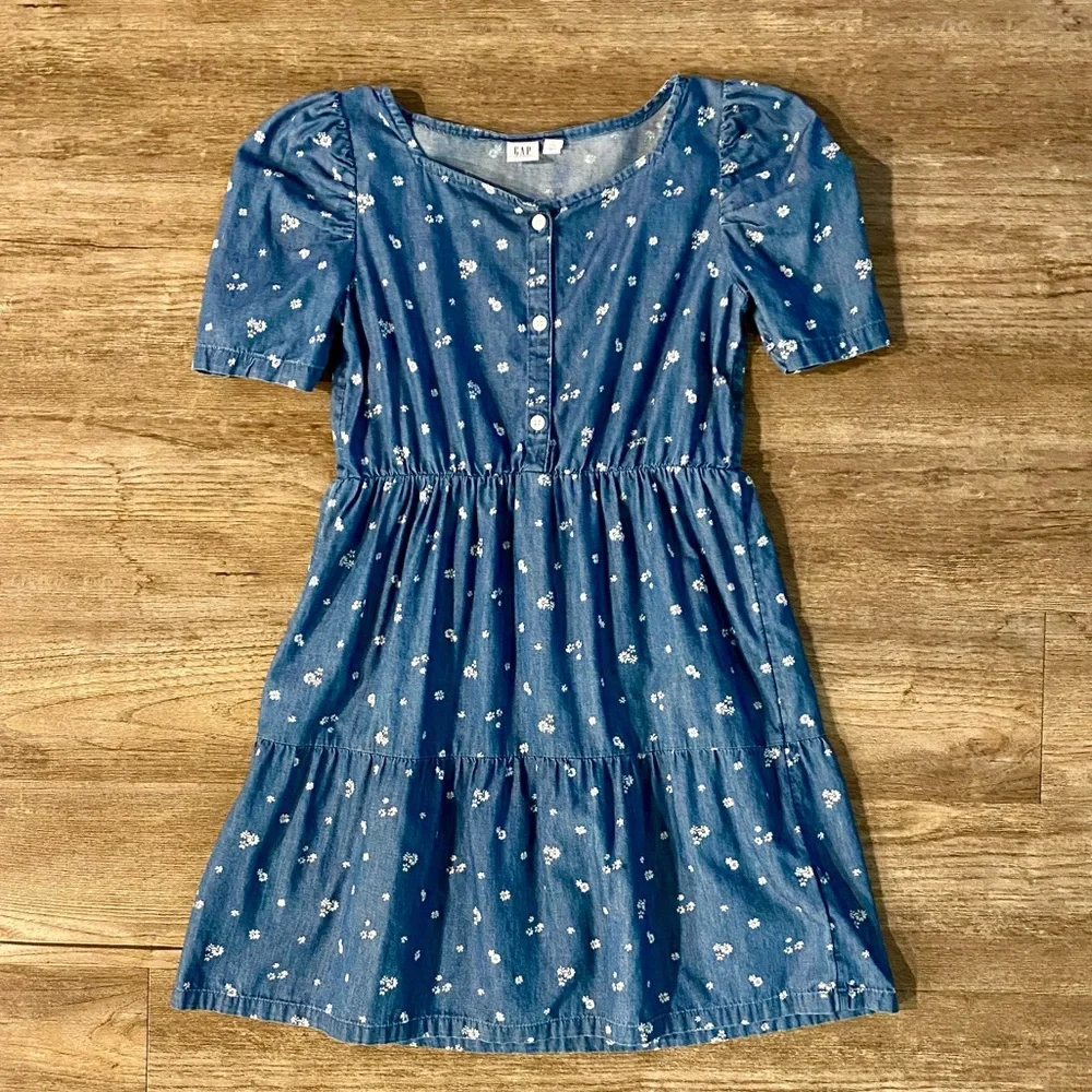 GAP Kids Dress Girl's L 10 Blue White Floral Puff Sleeve 100% Cotton Elastic EUC